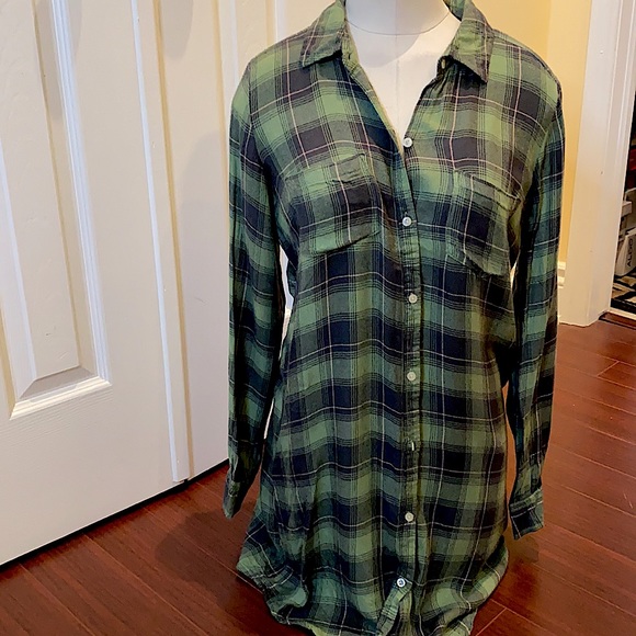LIKE NEW Green plaid aerie shirt dress w buttons - Picture 2 of 4